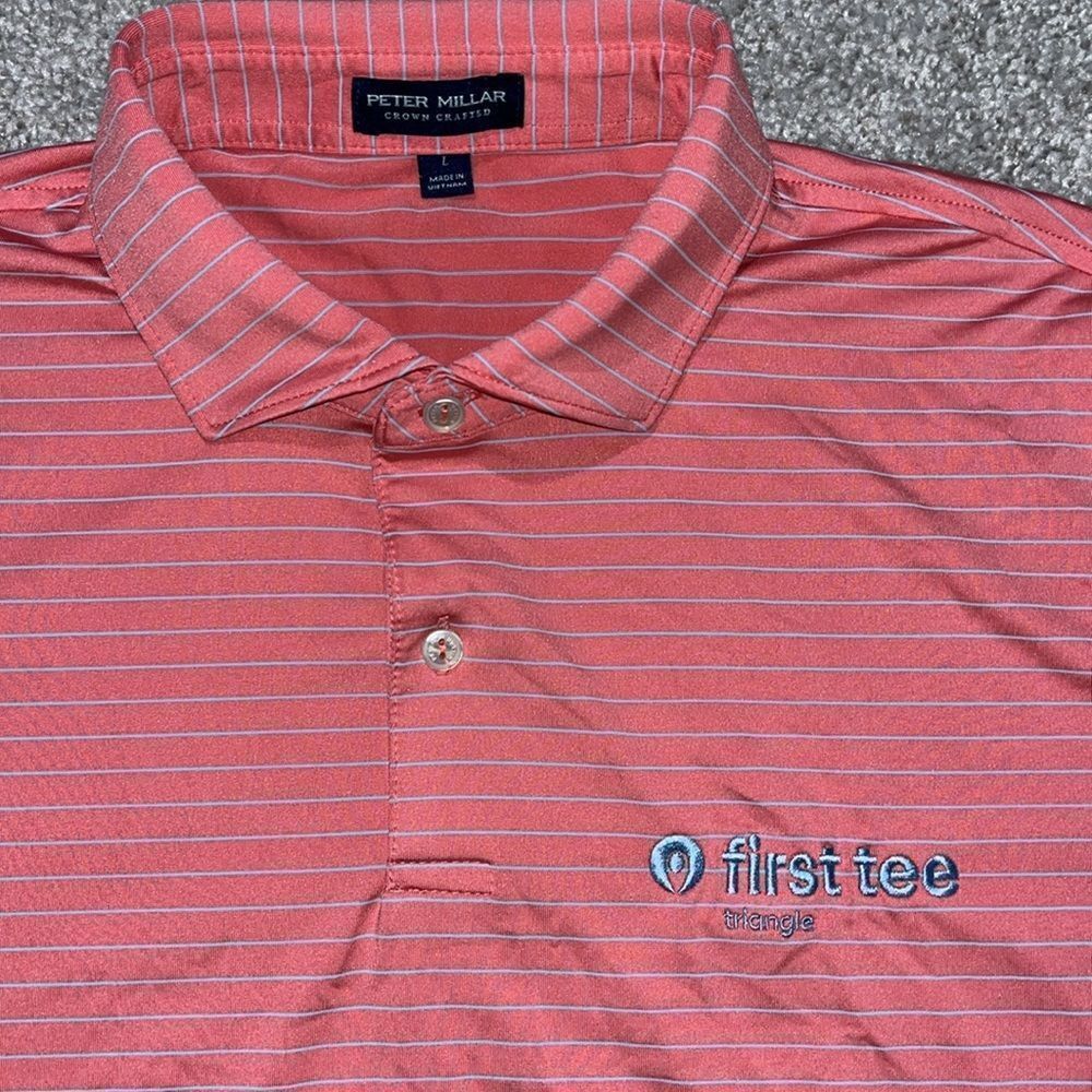Peter Millar Pink Gray Stripe Stretch Crown Crafted Golf Polo Shirt L First Tee